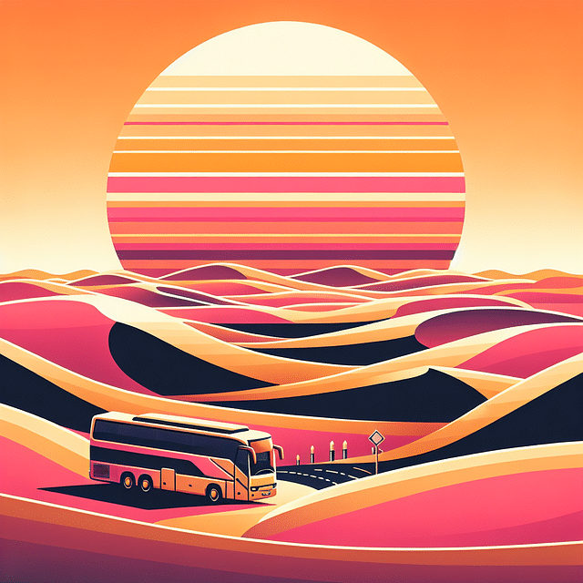 sunset over the desert with tour bus