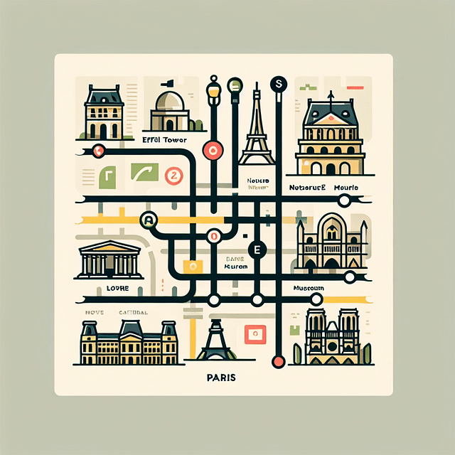 Close-up of a Paris metro map highlighting popular tourist destinations