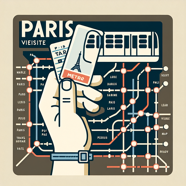 Paris Visite travel pass in a tourist's hand with a map of Paris metro in the background