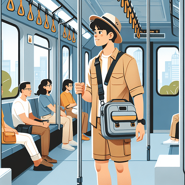 Tourist with a secure crossbody bag standing in a metro train