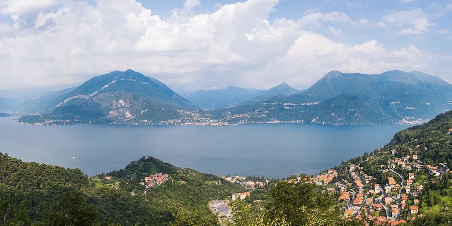 Scenic panoramic view of Lake Bracciano surrounded by lush Italian countryside