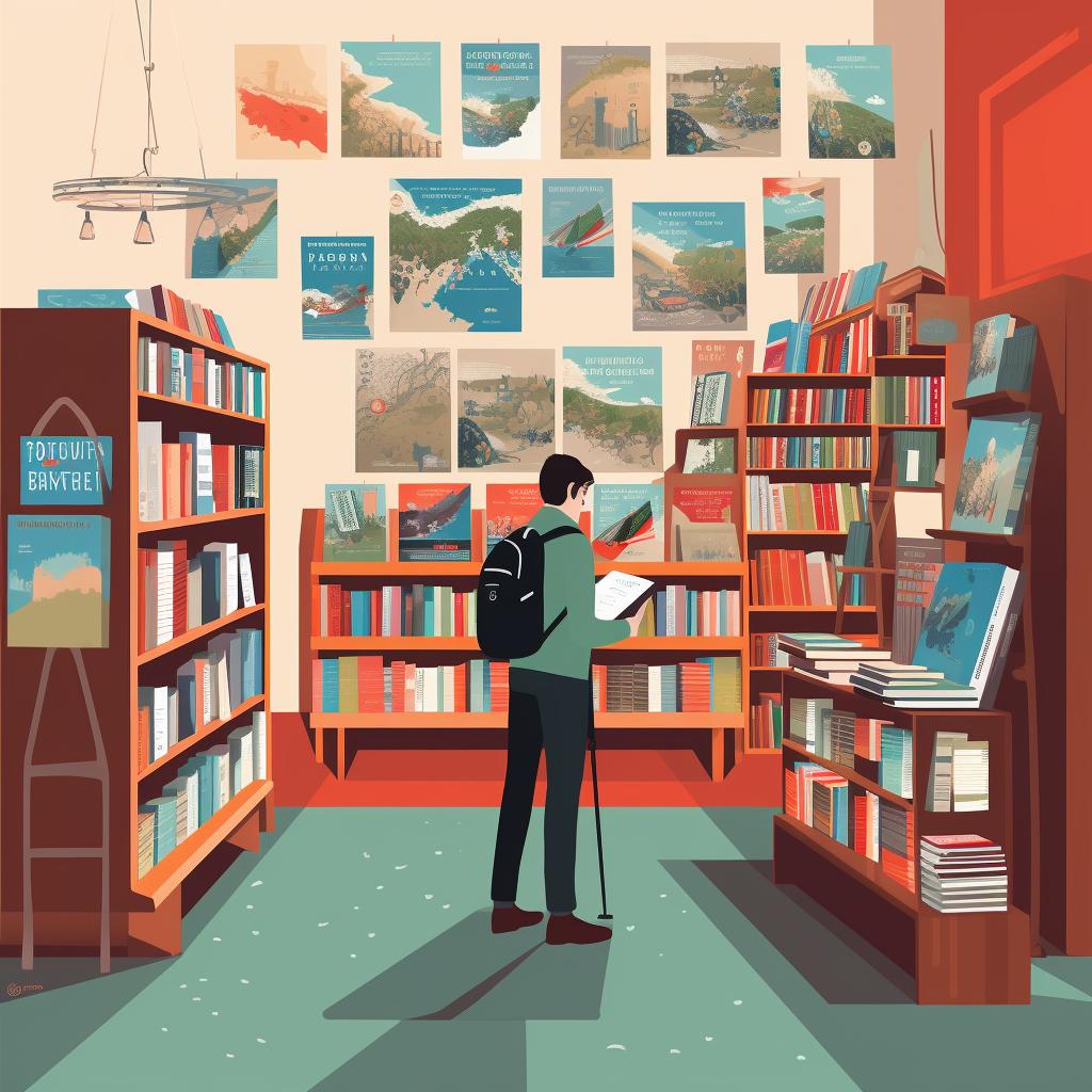 A person browsing through different travel guide books in a bookstore.