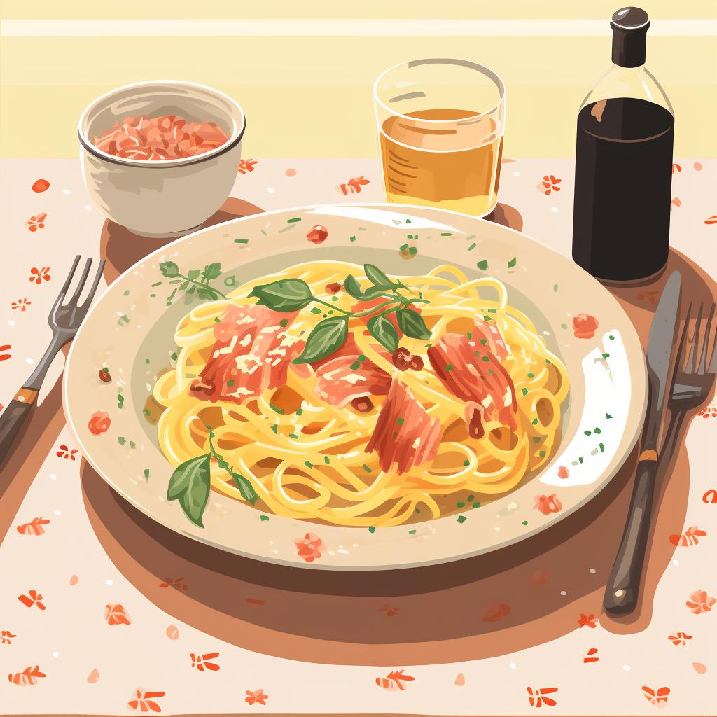 A plate of pasta carbonara in a cozy trattoria